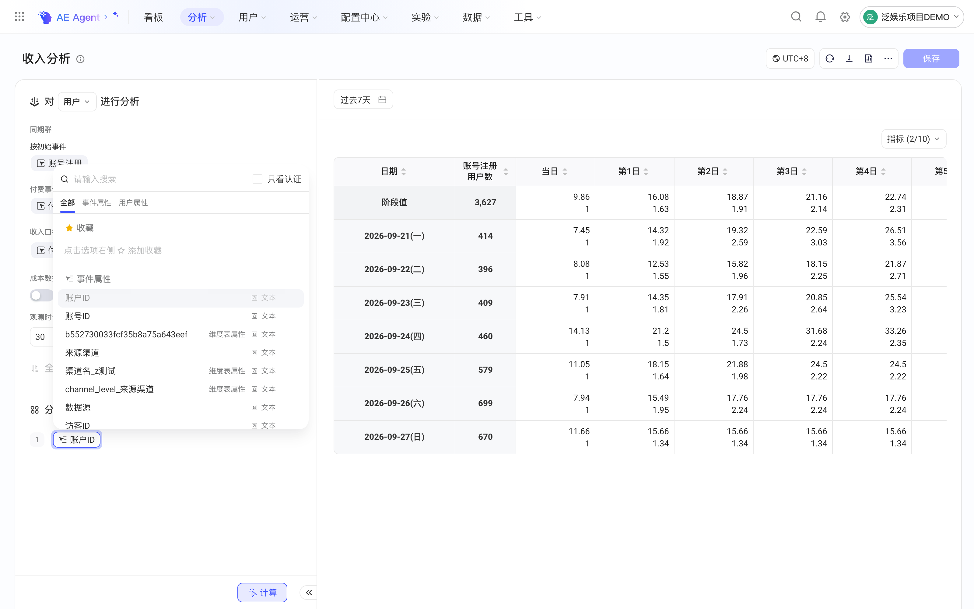 收入分析新增分组项并展开分组属性下拉