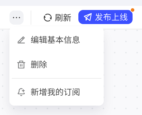开发模式右上角展开的「···」菜单，含「删除」，旁边是「发布上线」按钮