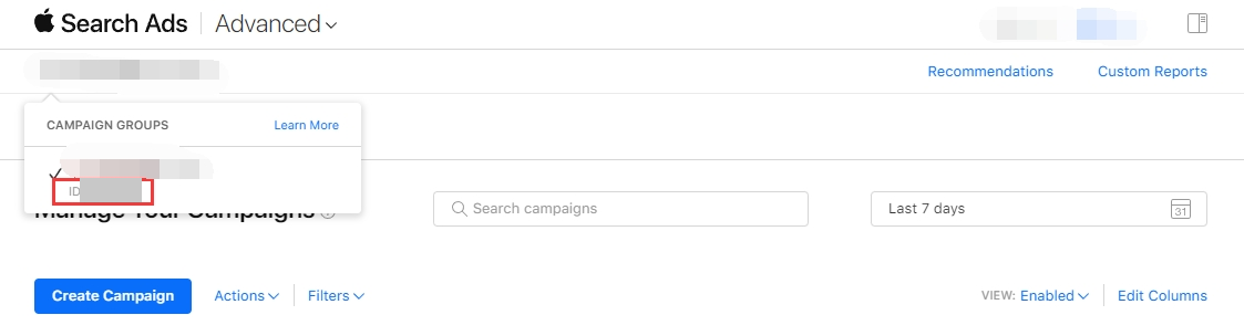 Apple Search Ads 后台的 Campaign Groups 下拉，框出账户组的 ID（即 Org ID）