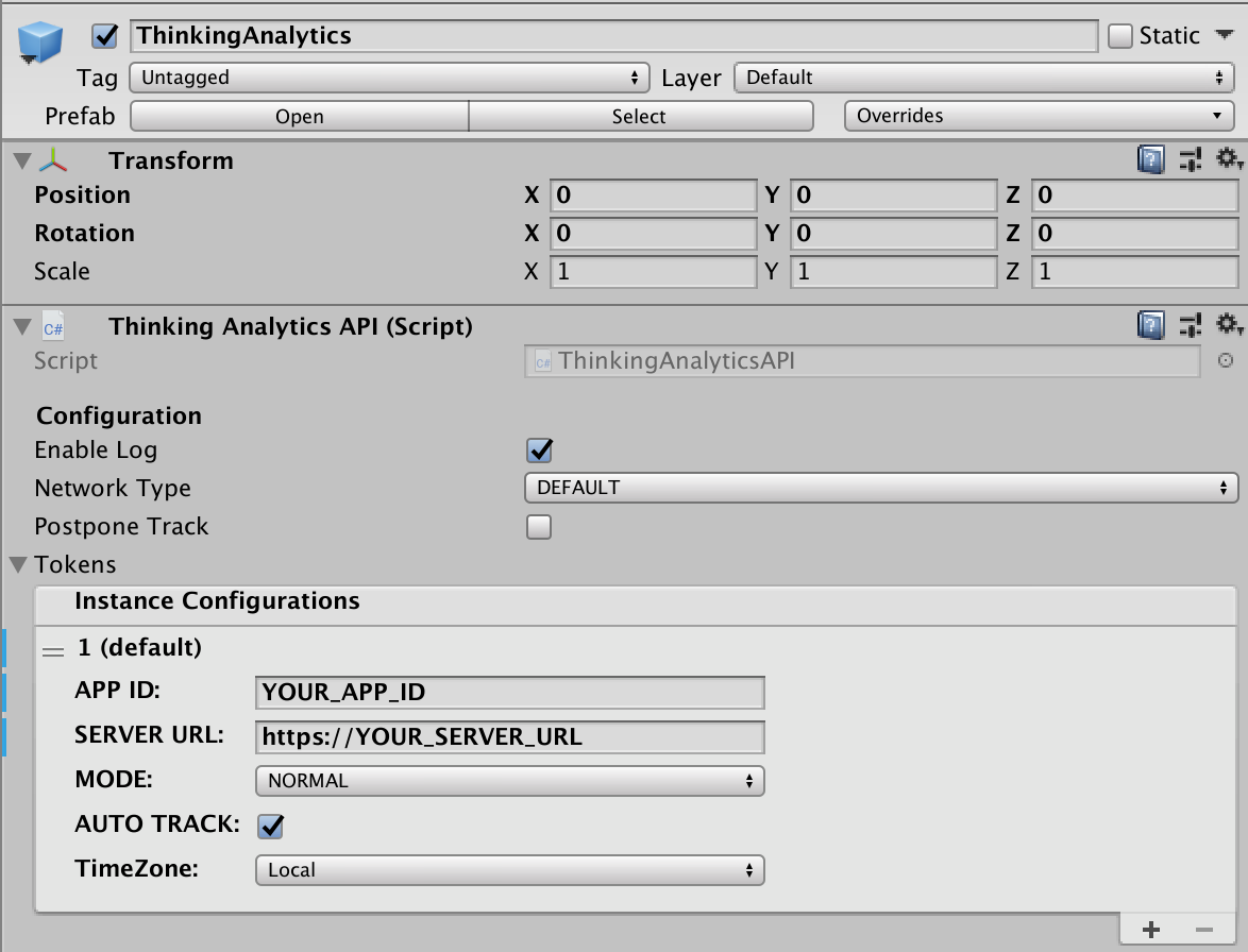 旧版 Unity SDK 的 ThinkingAnalytics 对象配置，含 APP ID 和接收地址