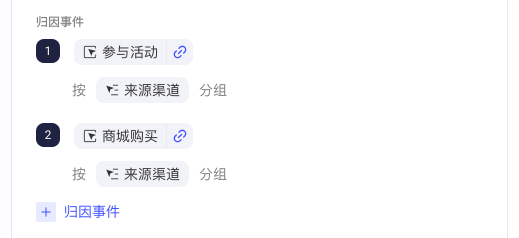 归因事件列表中已设置关联属性的事件名右侧显示蓝色关联图标