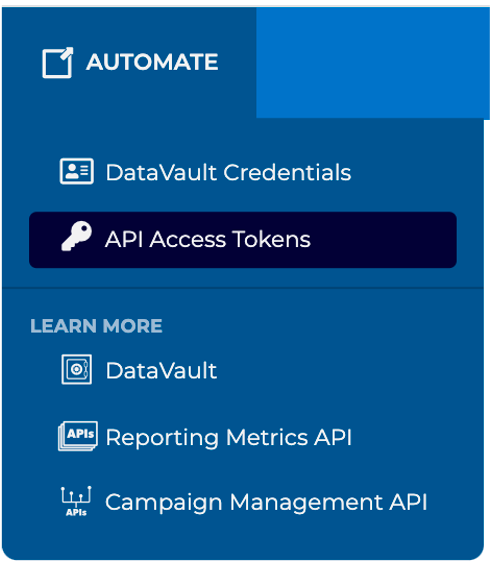 Tenjin 后台 AUTOMATE 菜单，选中 API Access Tokens
