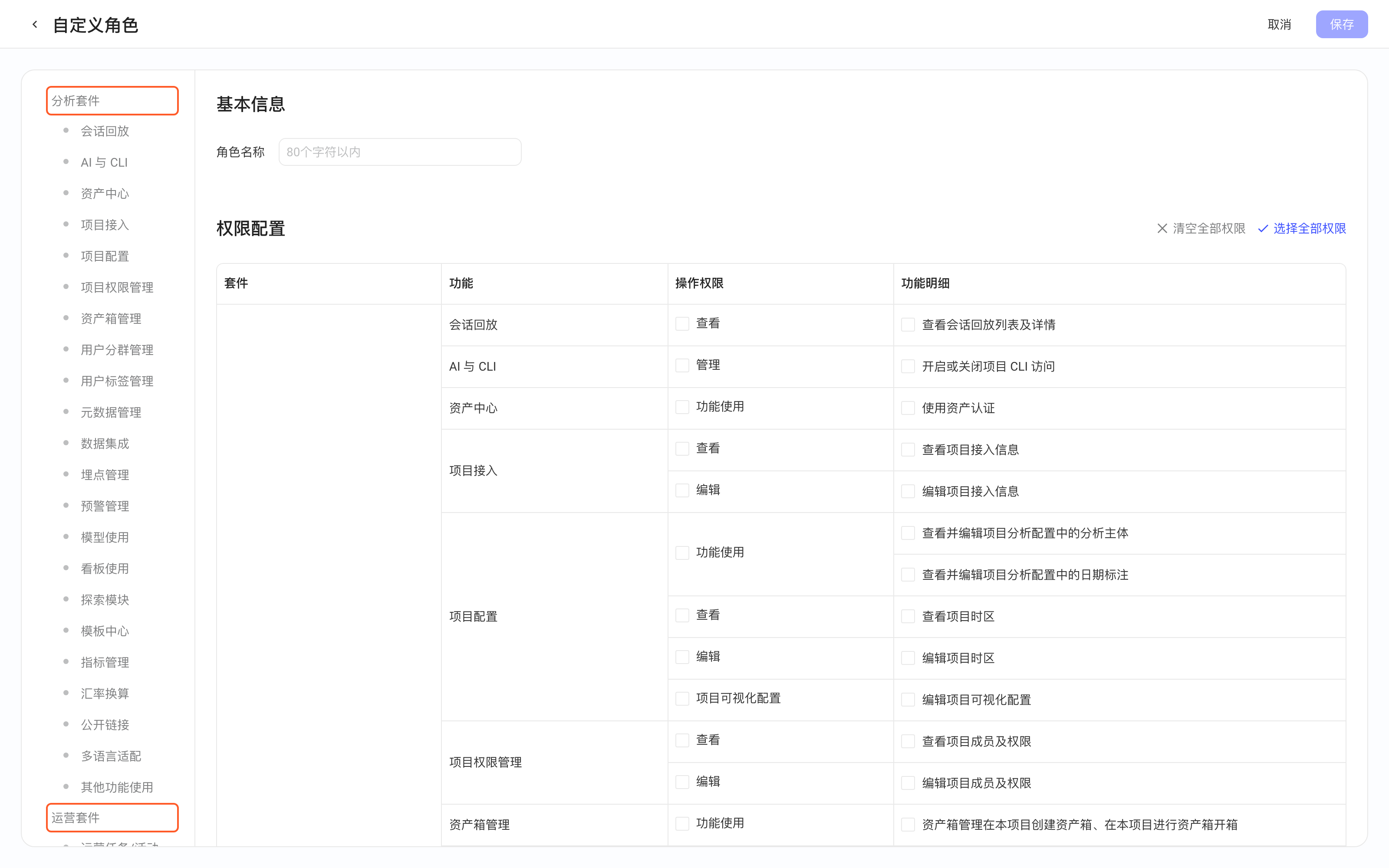 自定义角色创建页（空白），框出左侧导航里的套件标题「分析套件」「运营套件」，说明左侧是套件和功能模块导航