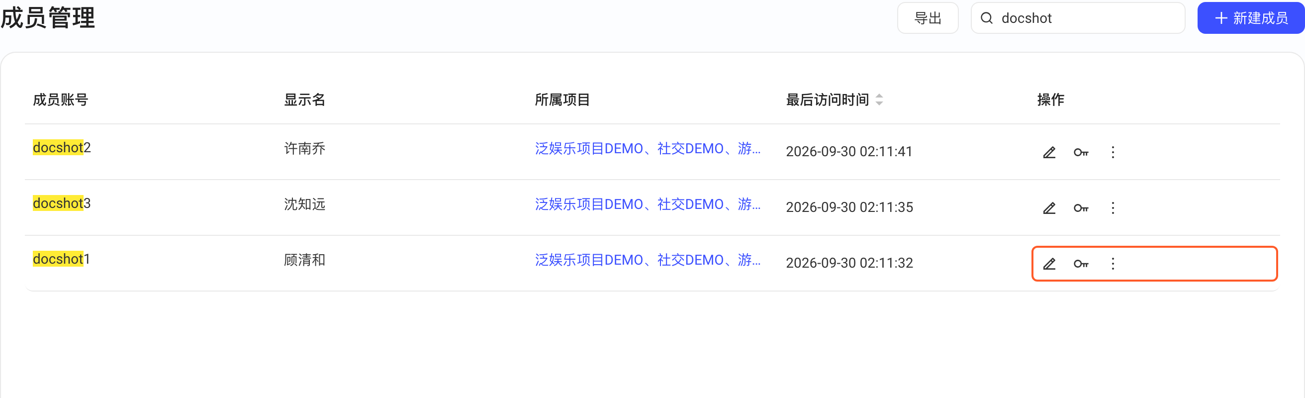 成员管理列表，框出成员行操作列的编辑显示名和重置密码图标