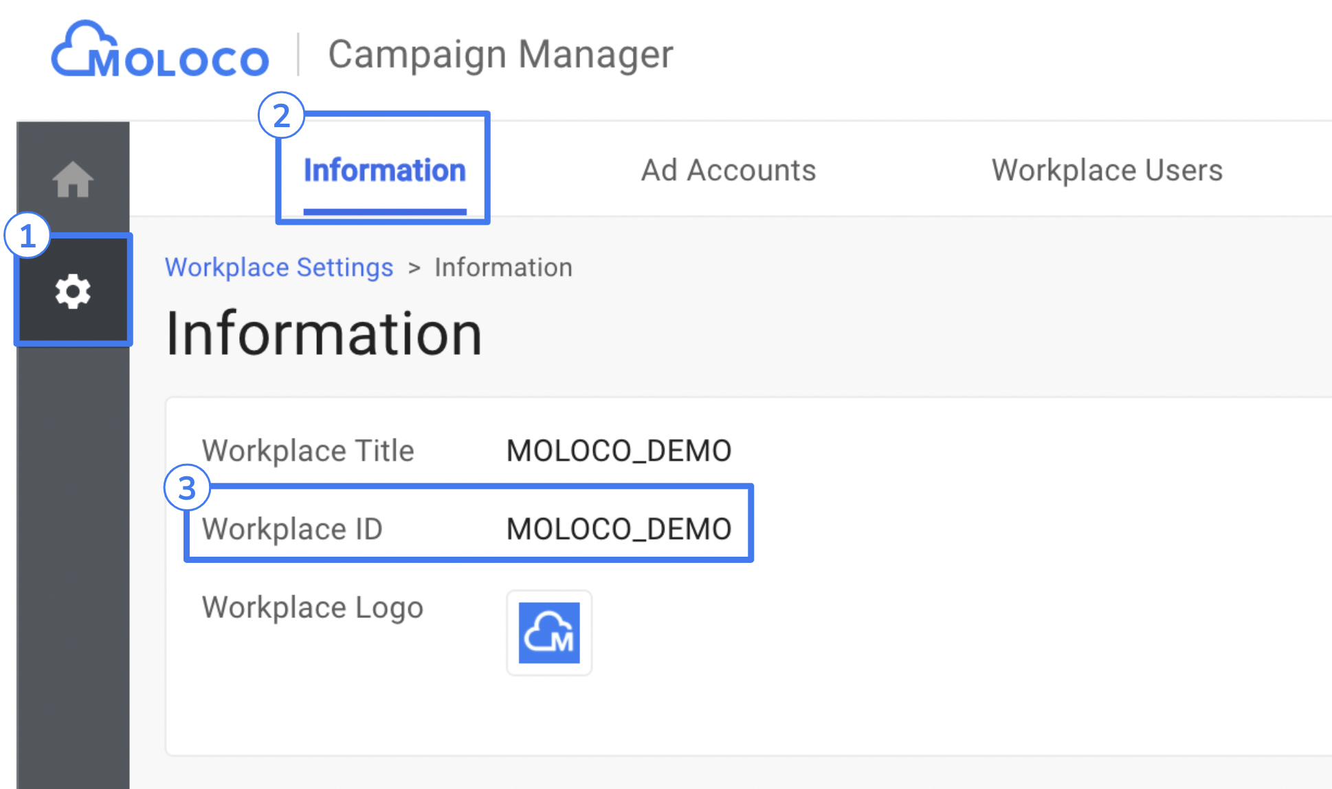 Moloco 后台 Settings 的 Information 标签页，框出 Workplace ID 所在位置