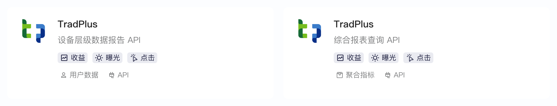 选择三方集成平台中 TradPlus 的设备层级数据报告 API 和综合报表查询 API 两张卡片