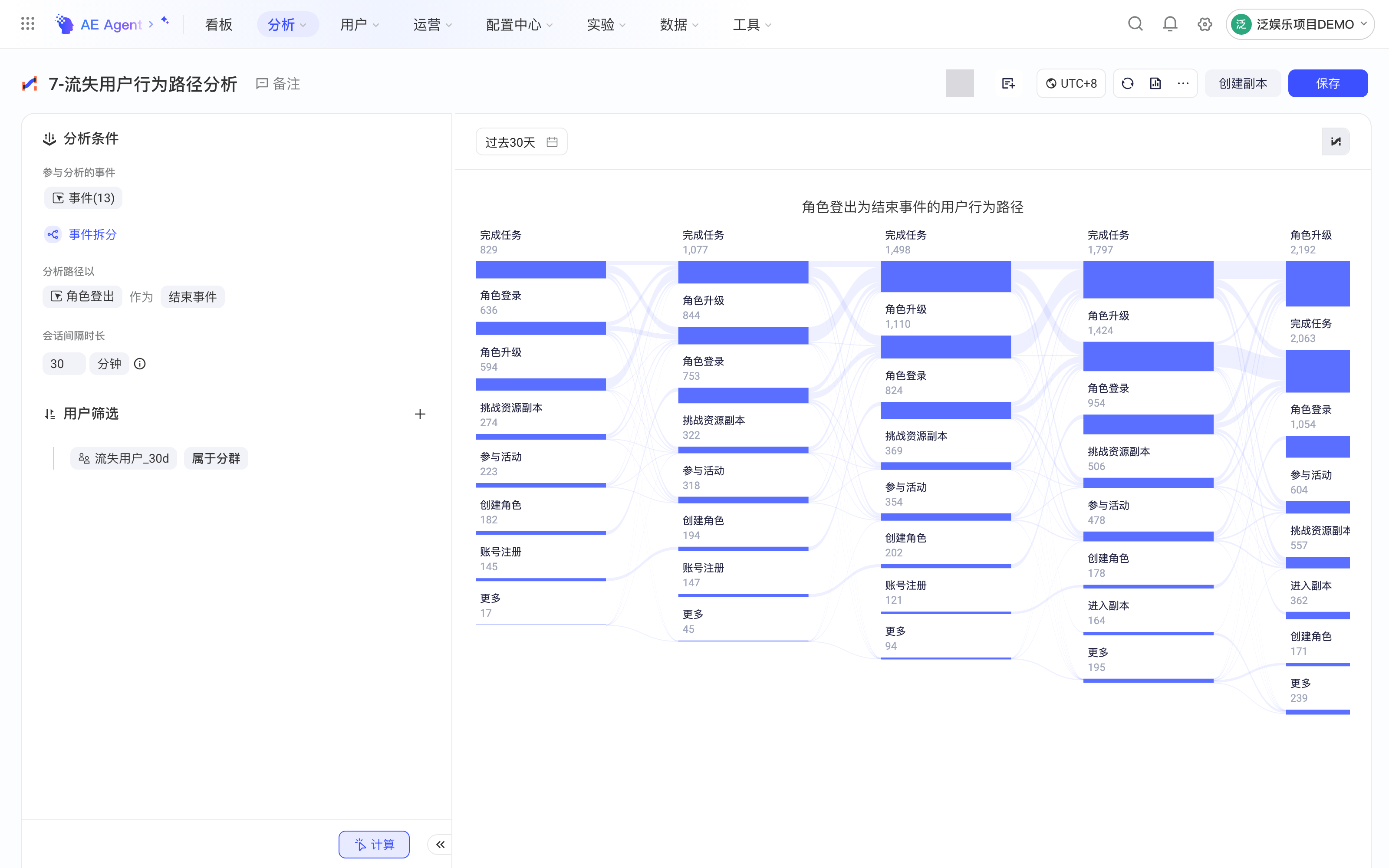 路径分析筛选流失用户分群，用桑基图查看流失用户的行为路径