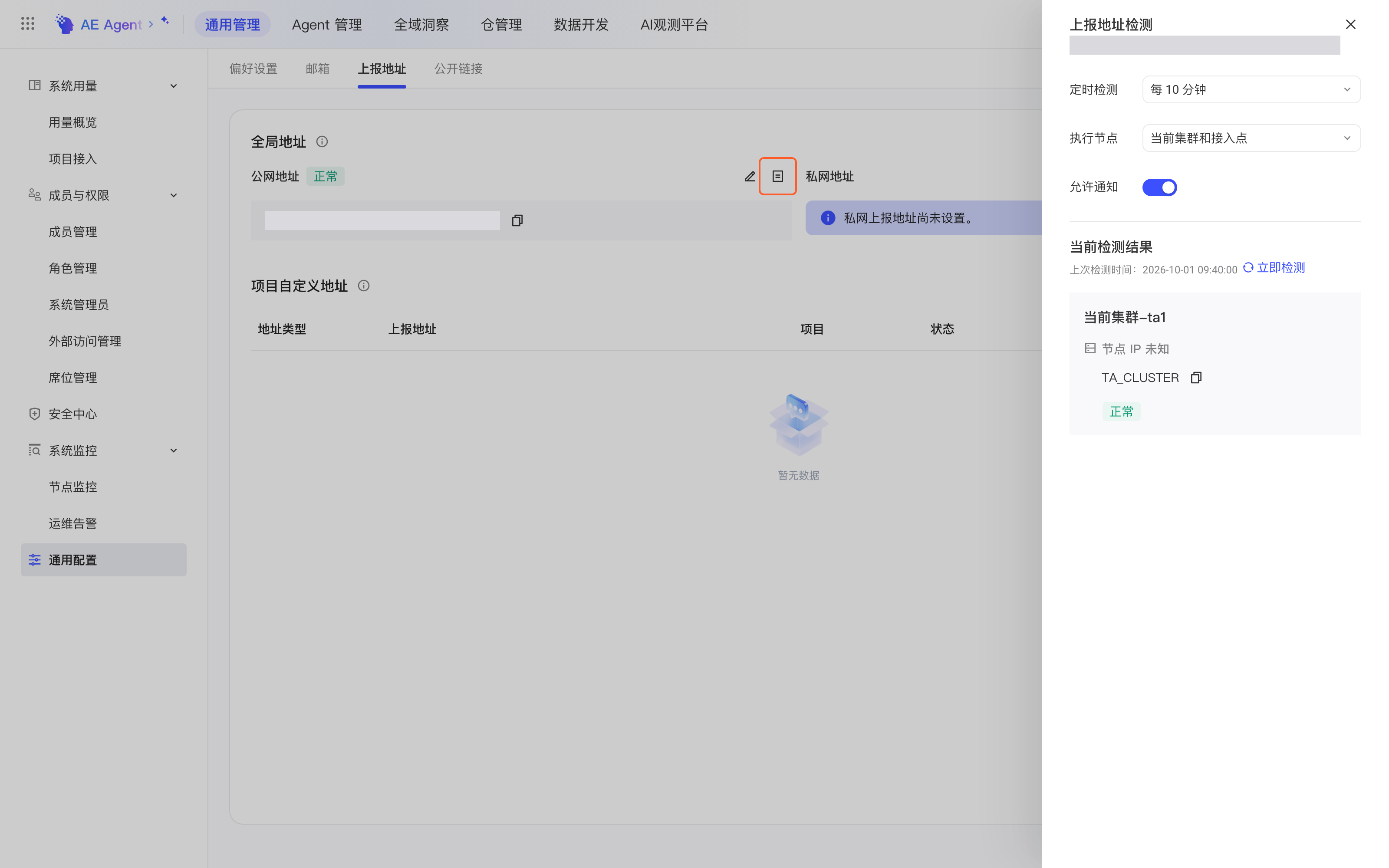上报地址 tab 点公网地址的状态按钮（框出）后打开的「上报地址检测」抽屉