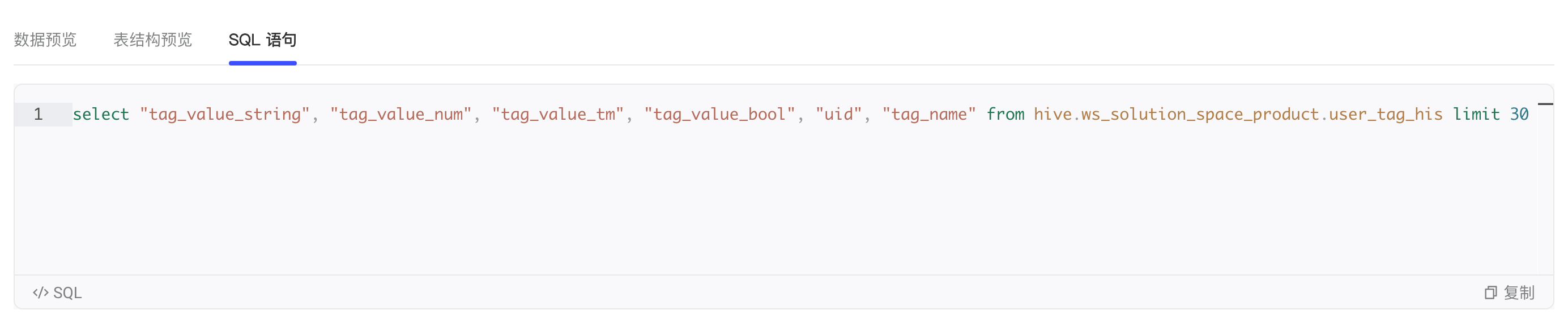 「SQL 语句」tab 显示预览用的查询语句和复制按钮