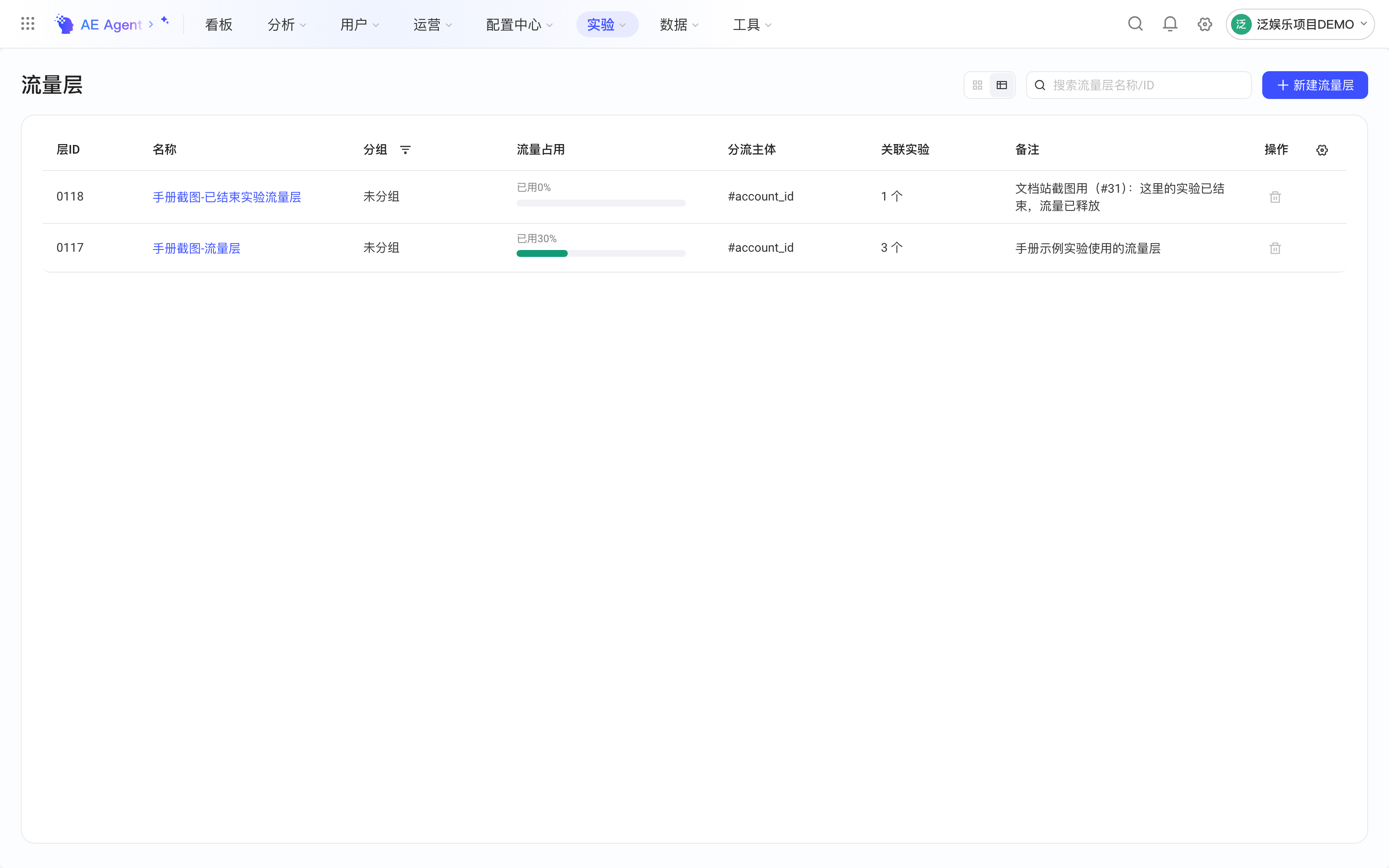 流量层列表视图，实验结束后流量层的流量占用显示已用 0%