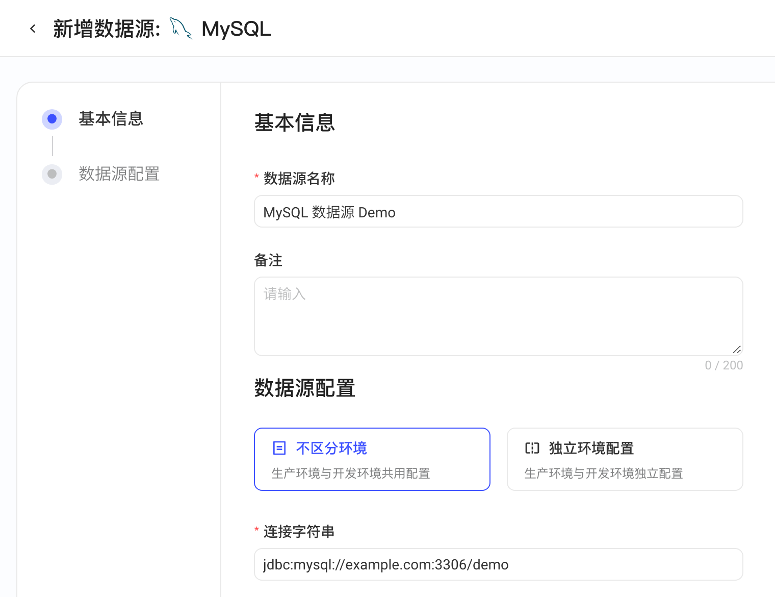 新增 MySQL 数据源表单：数据源名称、备注、环境配置方式和连接字符串