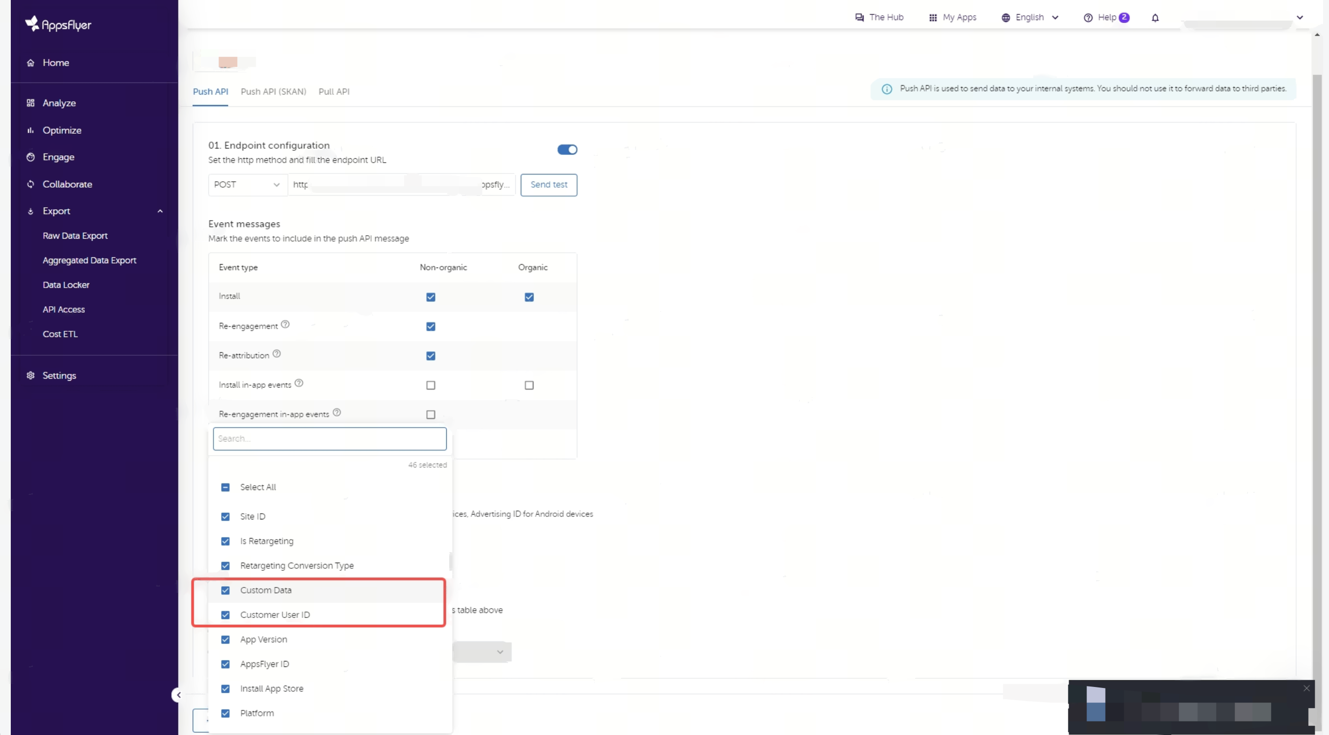 AppsFlyer Push API 字段列表，红框标出勾选的 Custom Data、Customer User ID