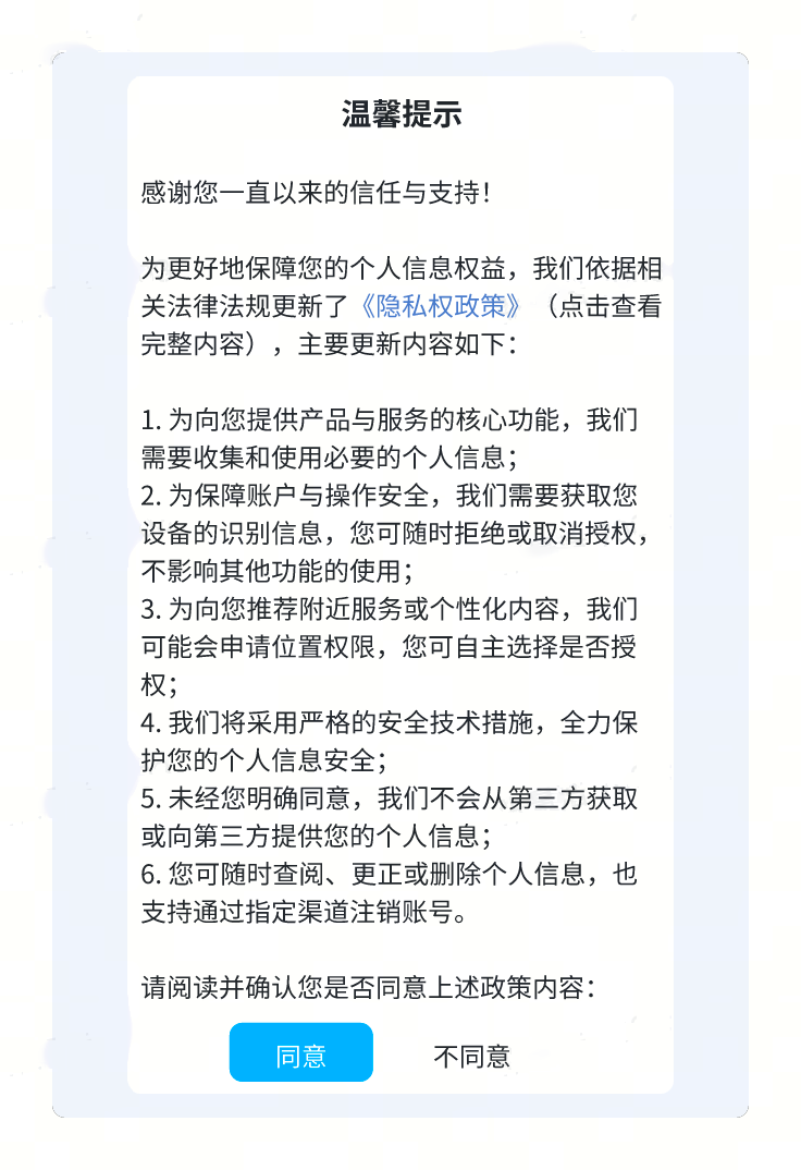 App 隐私政策授权弹窗示例，逐条说明个人信息的用途，底部是同意和不同意