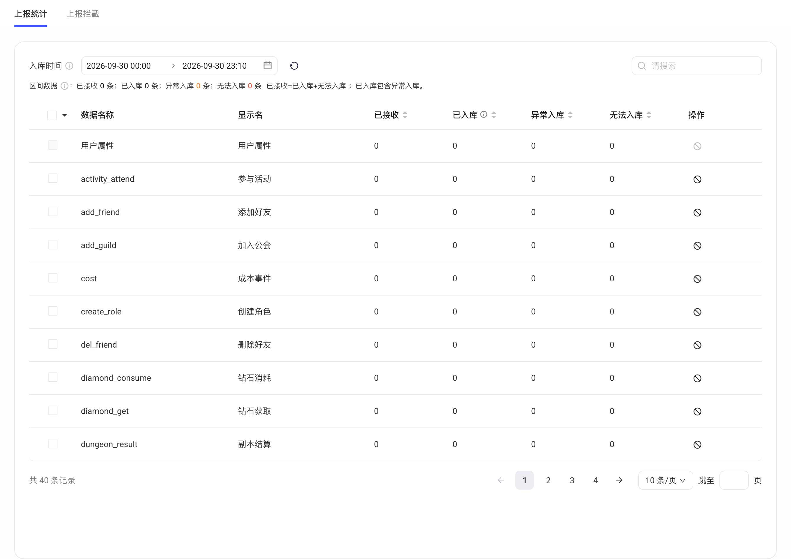 上报管理的上报统计页，按事件列出已接收、已入库、异常入库和无法入库条数