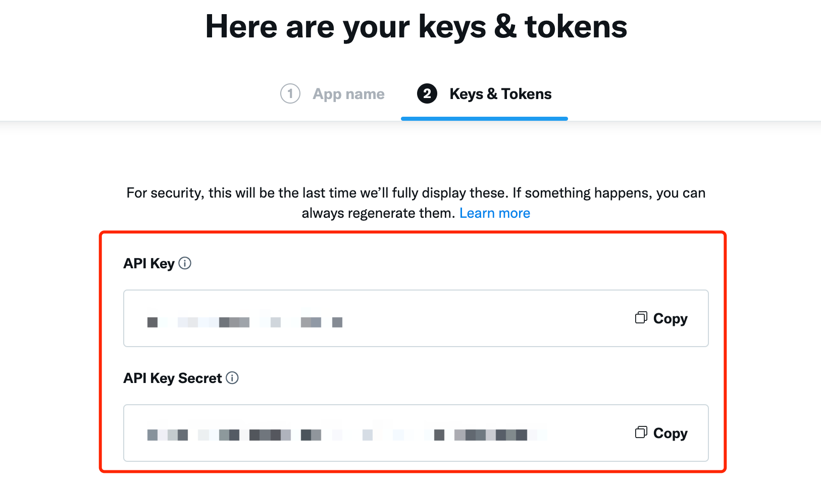 Twitter 开发者平台创建应用后显示的 API Key 与 API Key Secret