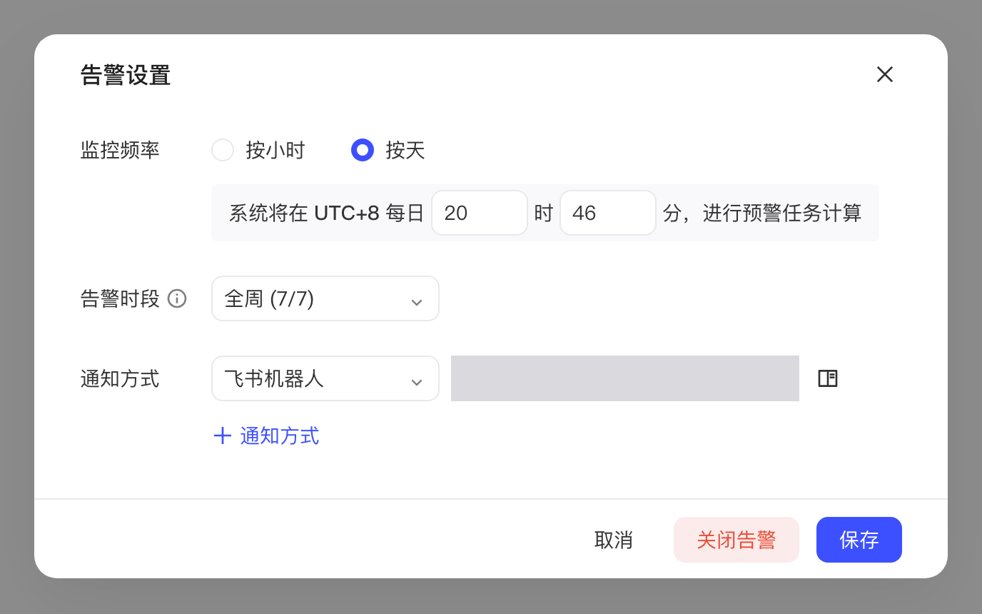 告警开启后的「告警设置」弹窗，底部有「关闭告警」和「保存」