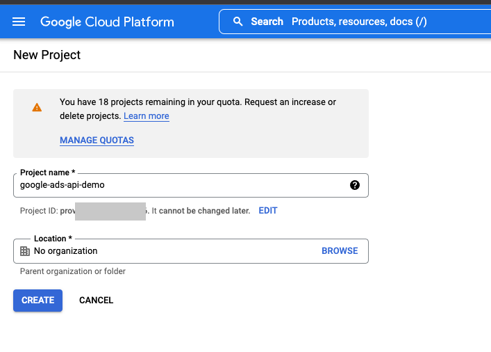 Google Cloud Platform 新建项目页，填写项目名称和位置后点 CREATE
