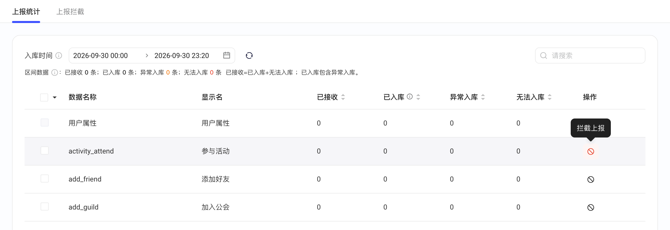 上报统计表格中悬停事件行的禁止图标，提示「拦截上报」