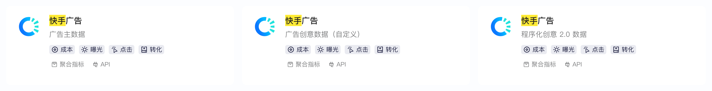 选择三方集成平台中快手广告的三张卡片：广告主数据、广告创意数据（自定义）、程序化创意 2.0 数据