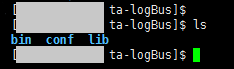 终端在 LogBus 解压目录执行 ls，列出 bin、conf、lib 三个子目录