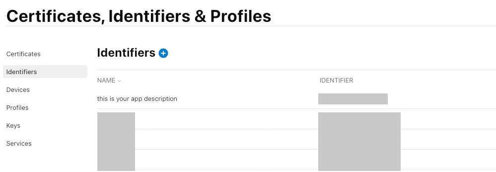 苹果开发者后台 Identifiers 列表，新注册的 App ID 出现在列表首行