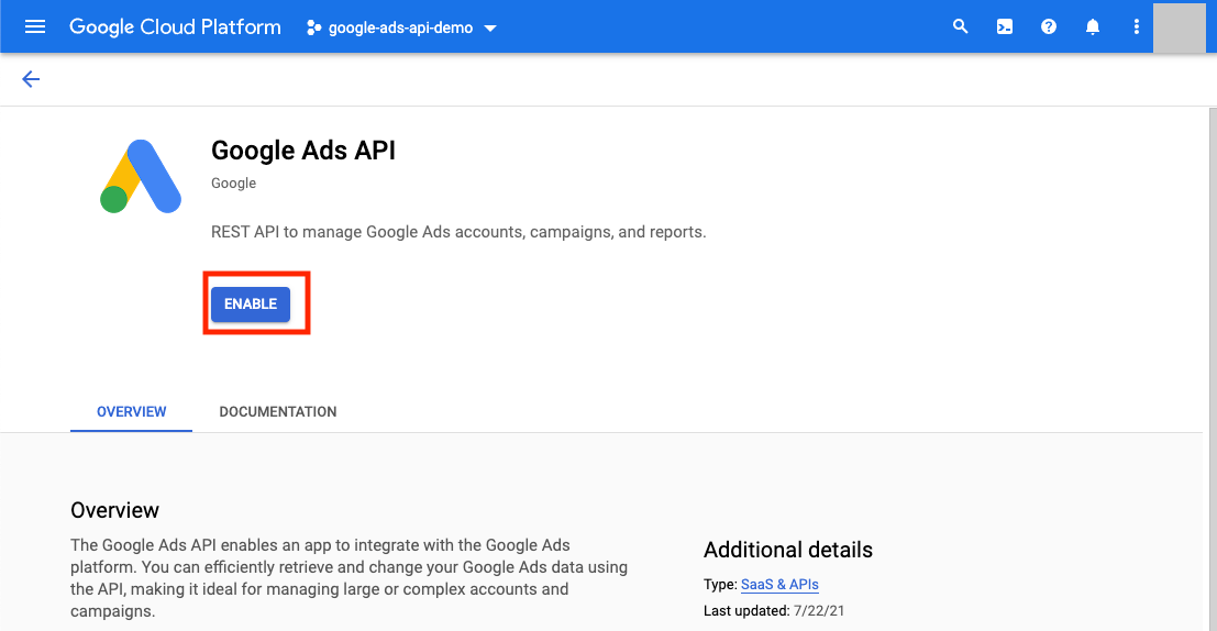 Google Cloud 控制台的 Google Ads API 介绍页，框出 ENABLE 按钮