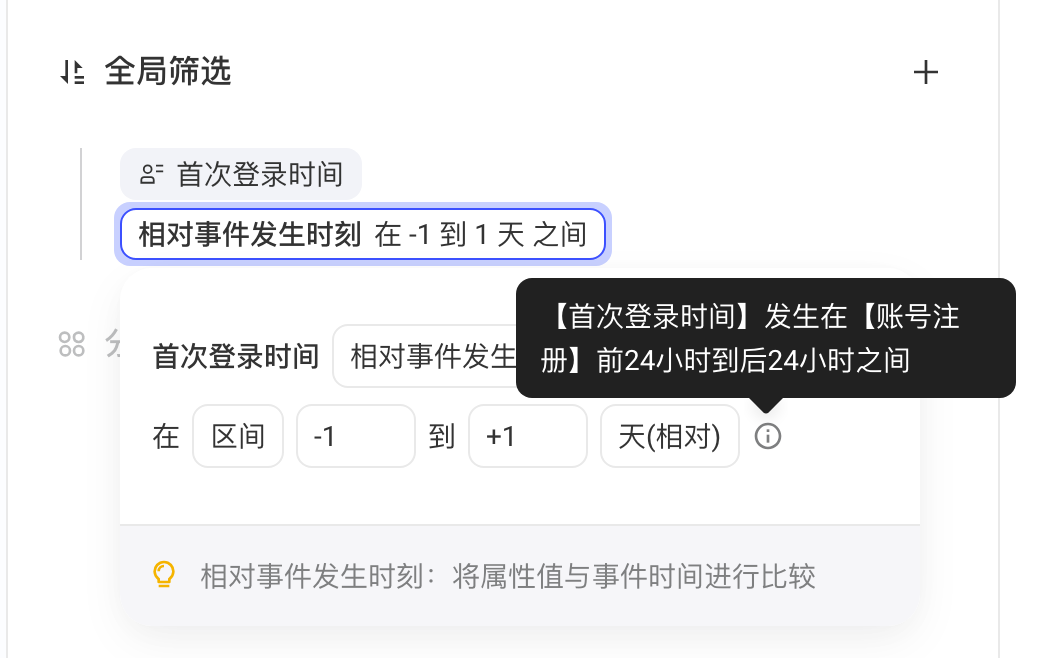 全局筛选中时间属性按「相对事件发生时刻」设置前后区间，悬浮提示解释含义
