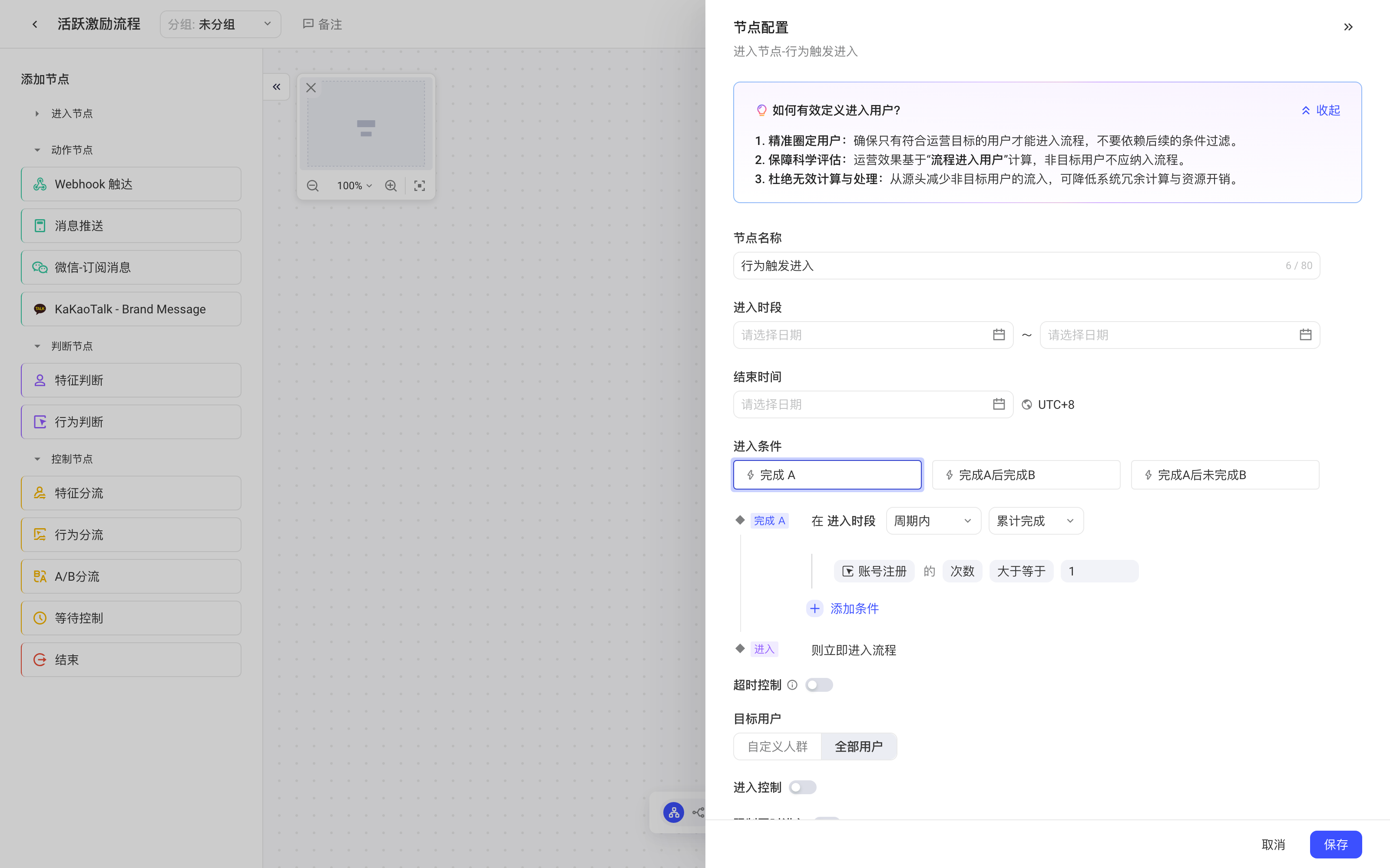 「行为触发进入」节点配置抽屉，含进入时段、完成 A 等三种进入条件和目标用户