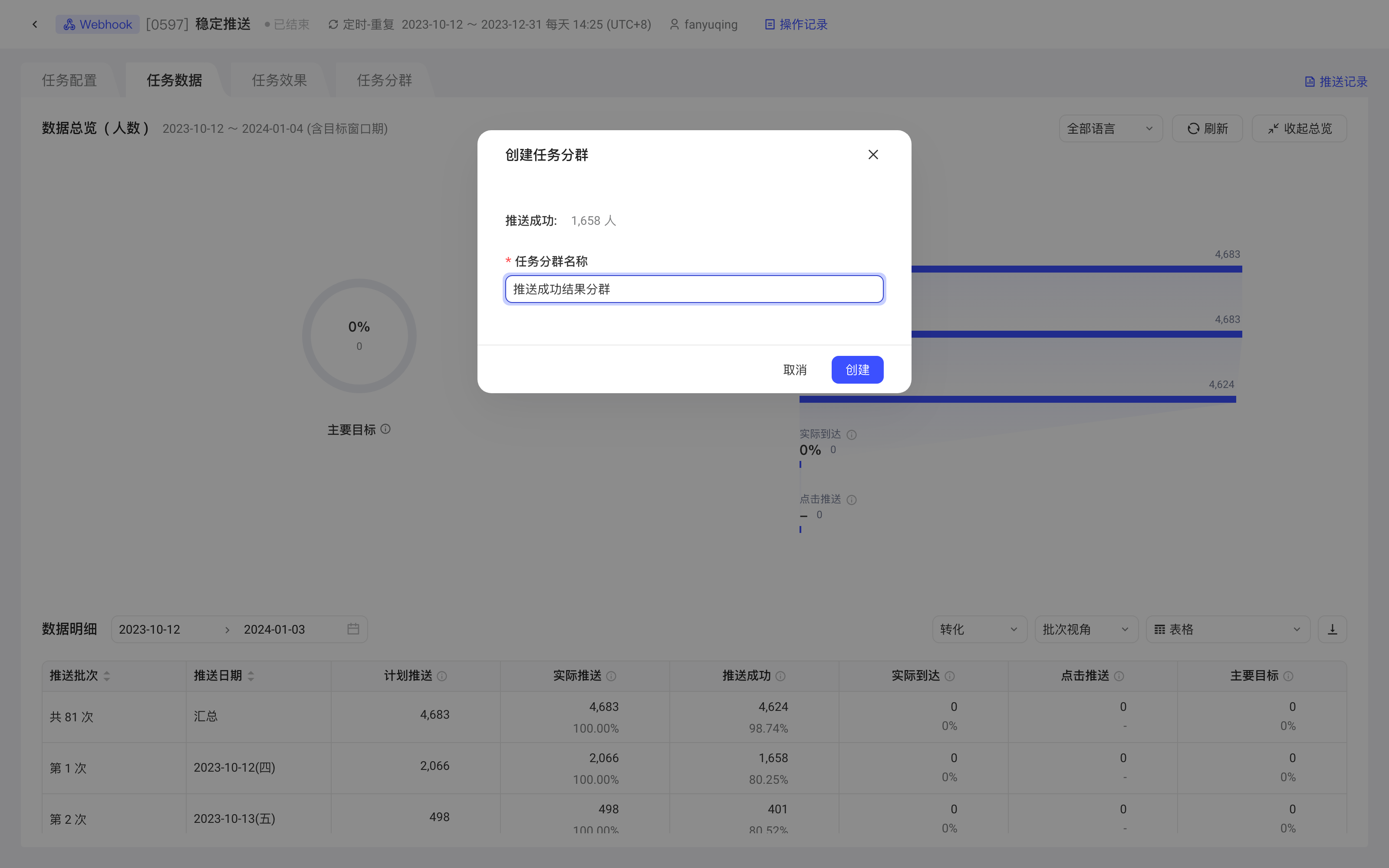 在任务数据明细中点人数旁的图标，弹出「创建任务分群」弹窗并填写分群名称