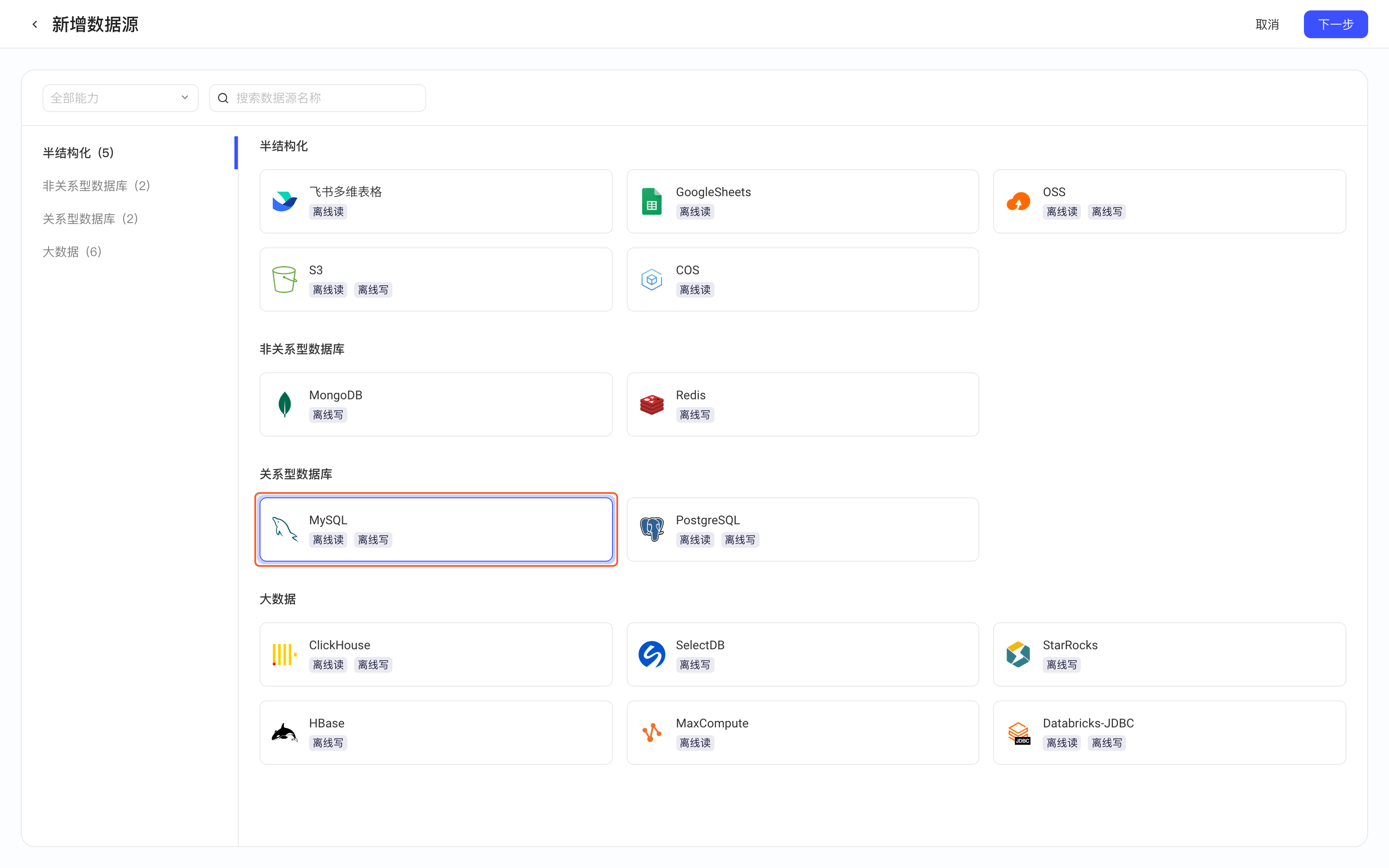 新增数据源页选中并框出 MySQL 卡片（离线读、离线写）