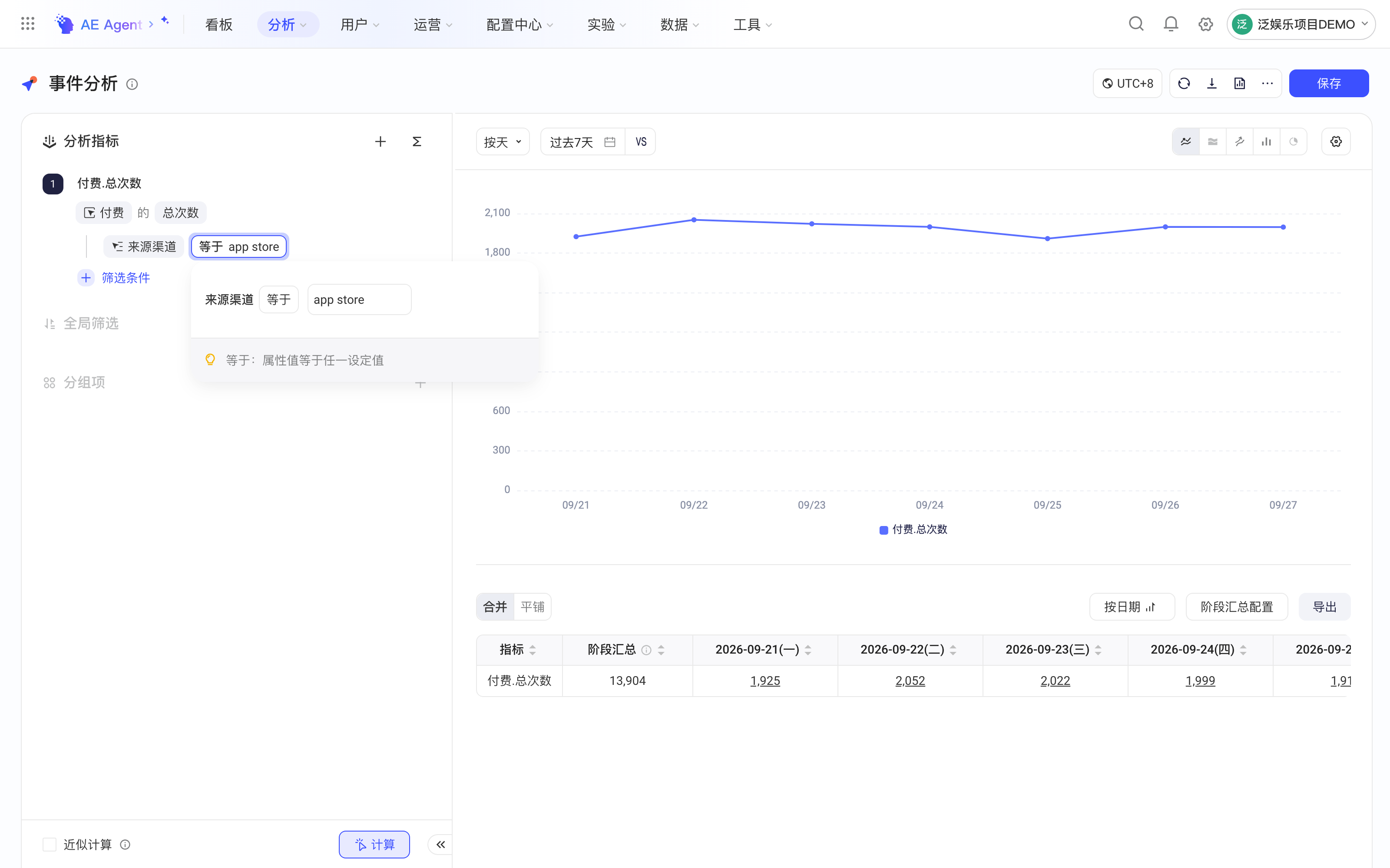 事件分析页：付费指标加了「来源渠道 等于 app store」筛选，展开条件编辑浮层