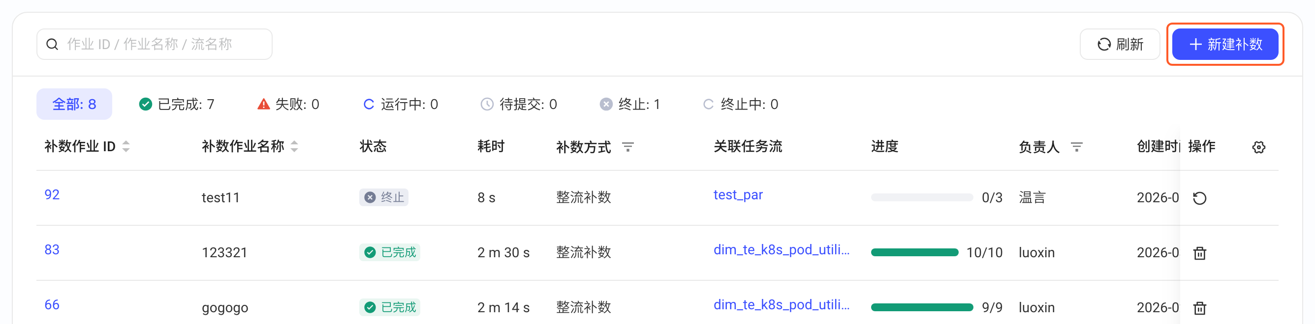 补数作业列表页右上角的「新建补数」按钮