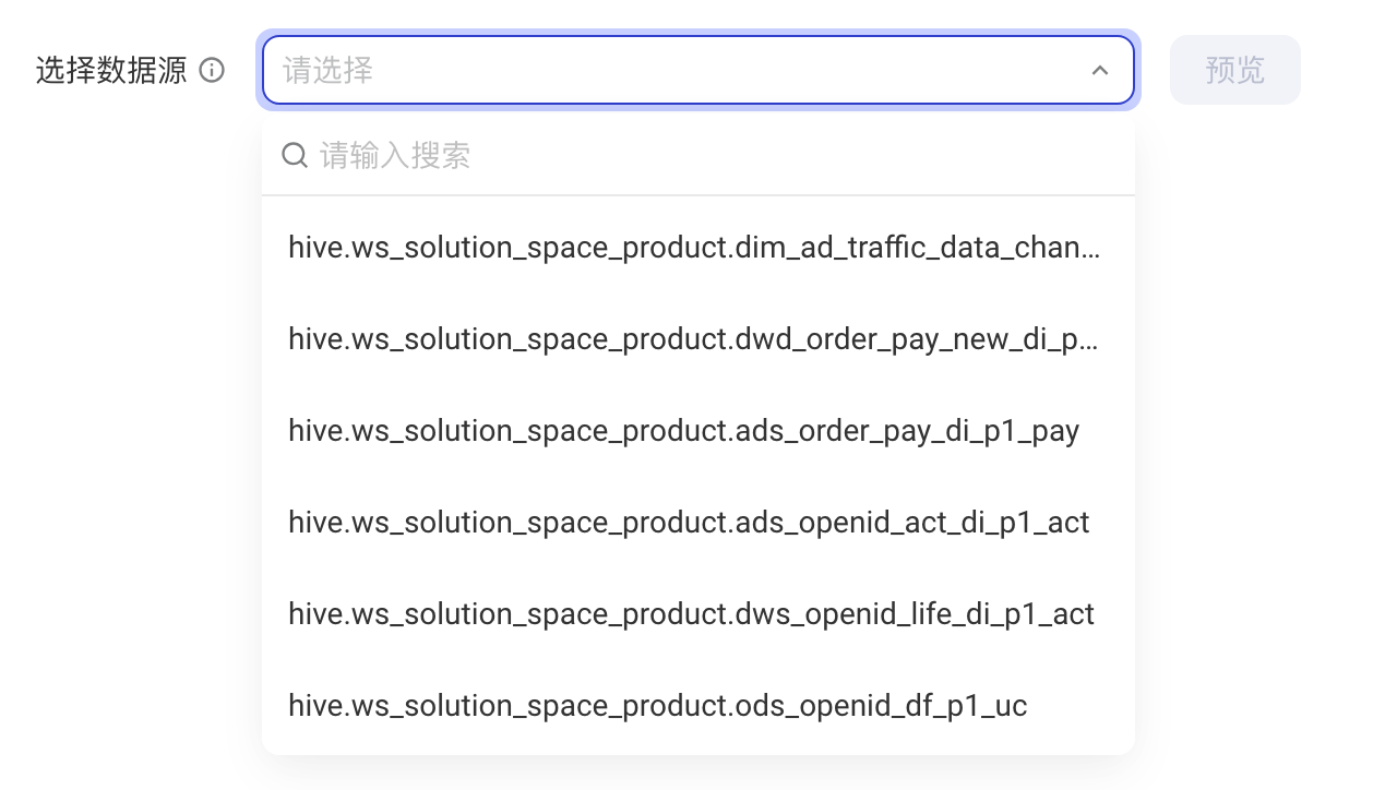 展开「选择数据源」下拉，列出本项目可用的数据源和搜索框