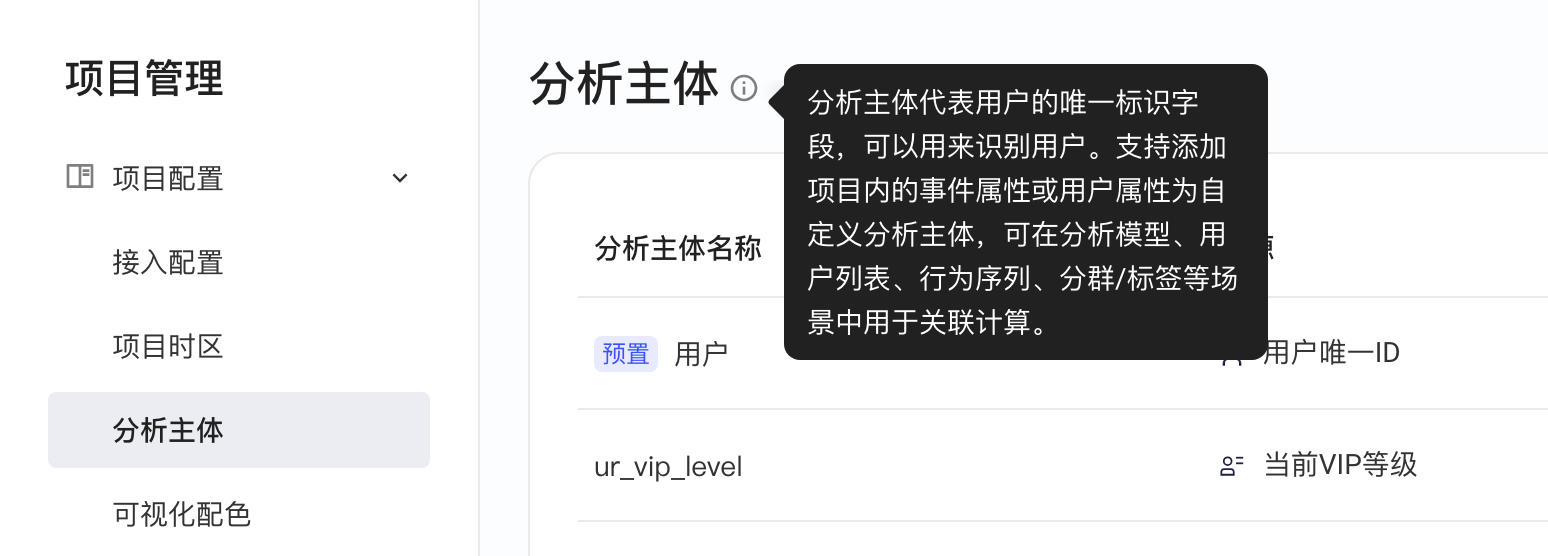 项目管理的分析主体页，悬停标题旁图标显示分析主体的说明
