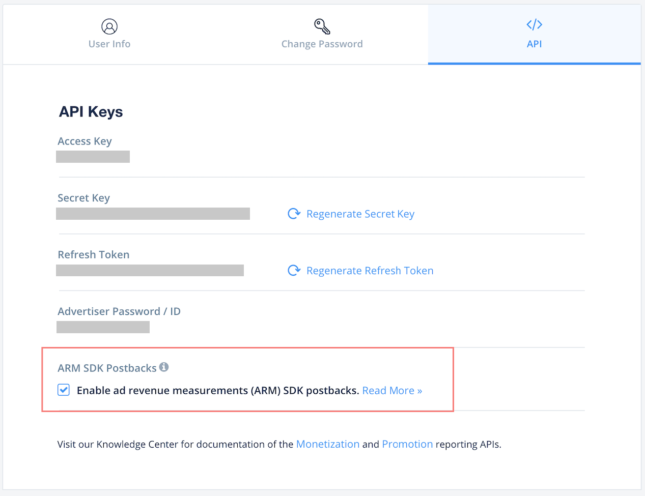 ironSource 账户 API 页，红框标出已勾选的 ARM SDK Postbacks 广告收入回传选项