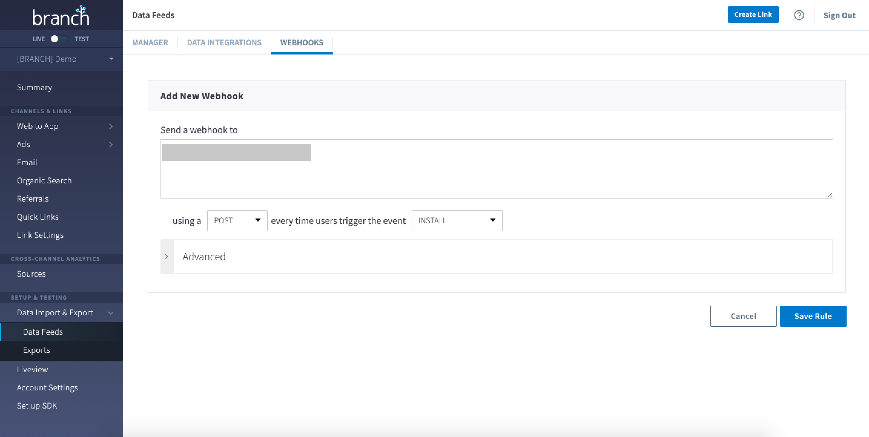 Branch 后台新建 Webhook 表单，填写回调地址、POST 方式和 INSTALL 事件