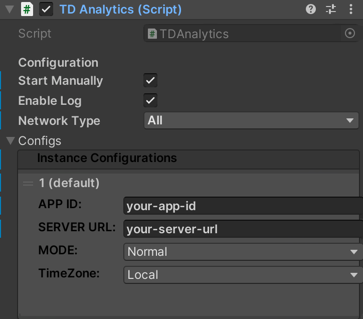 Unity Inspector 中 TDAnalytics 预置体的配置，含 APP ID 和 SERVER URL