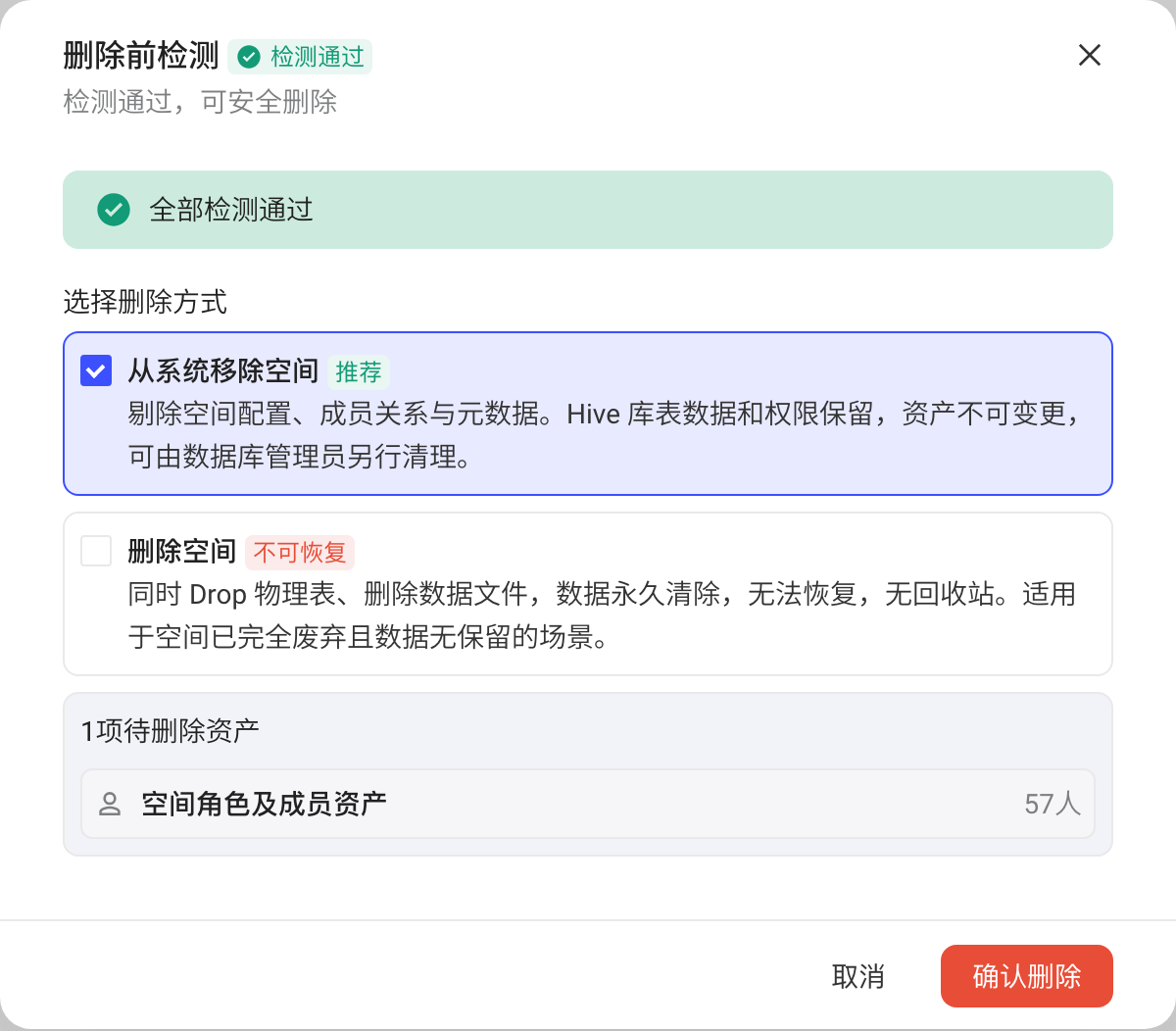 删除前检测弹窗，检测通过后选择从系统移除空间或删除空间，并列出待删除资产