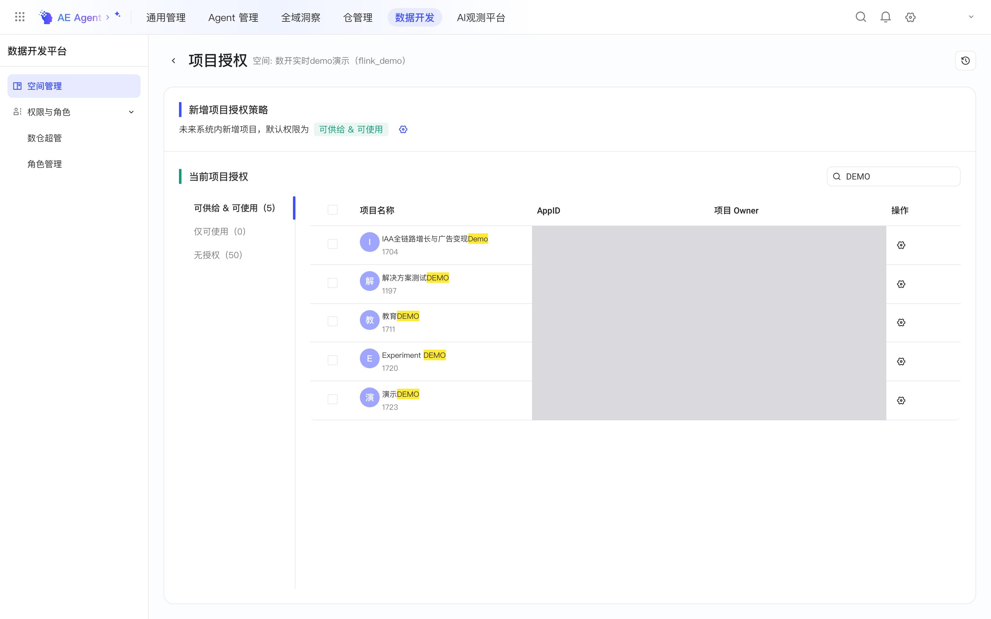 数开空间的项目授权页，上方是新增项目默认权限，下方按授权类型分组列出项目