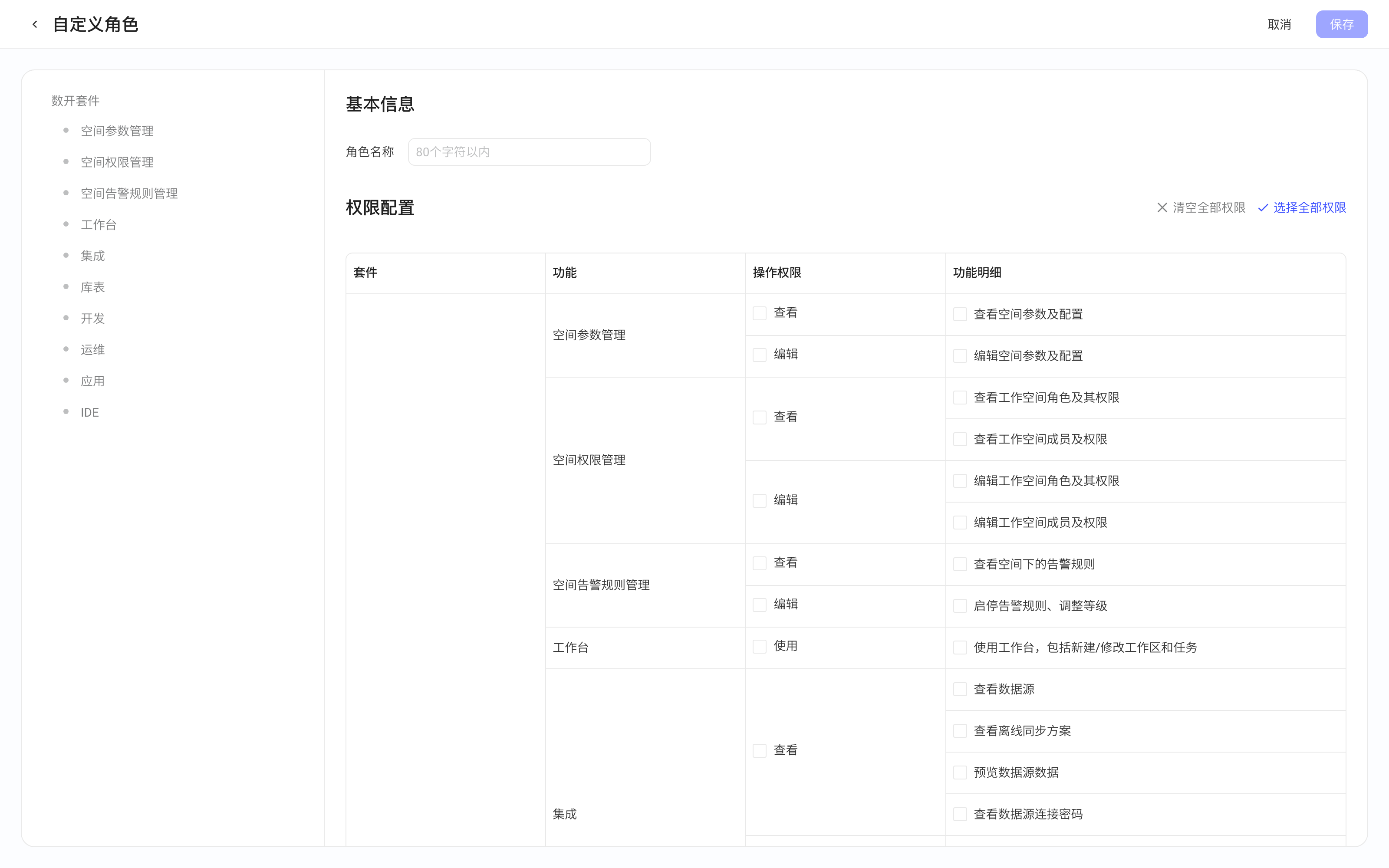 自定义角色新建页，填写角色名称并在权限配置表中按套件和功能勾选操作权限