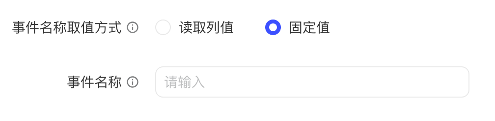 事件名称取值方式选「固定值」，下方填写事件名称