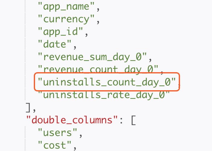 集成配置 JSON 的 fields_whitelist 末尾新增 uninstalls 相关字段，框出新增项