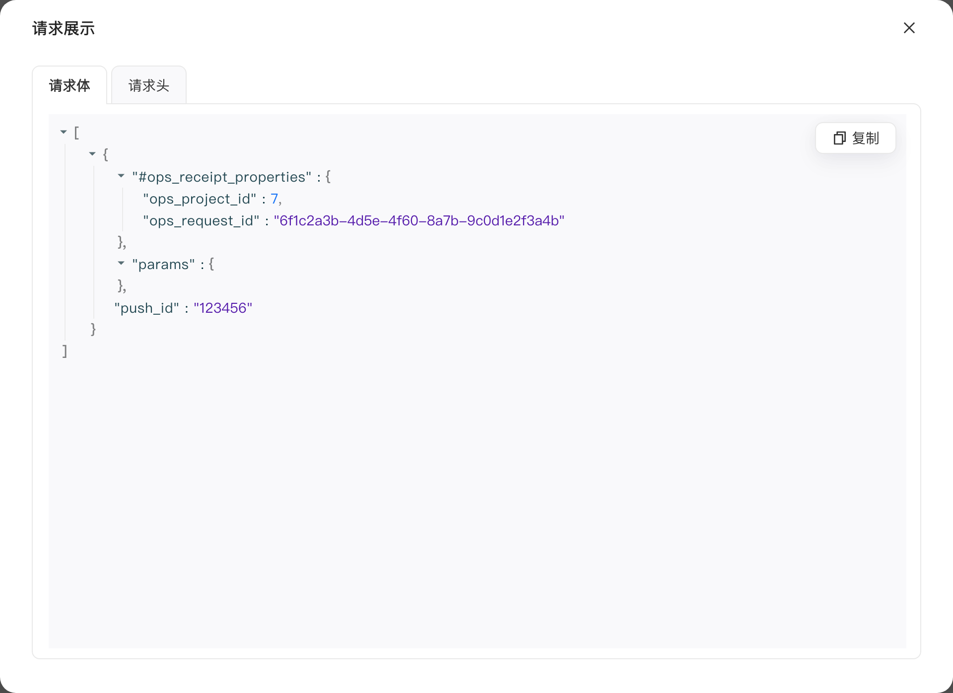 「请求展示」弹窗，请求体 tab 下显示系统生成的请求 JSON 结构