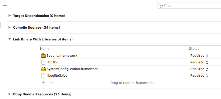 Xcode Build Phases 的 Link Binary With Libraries 中添加了四个系统库