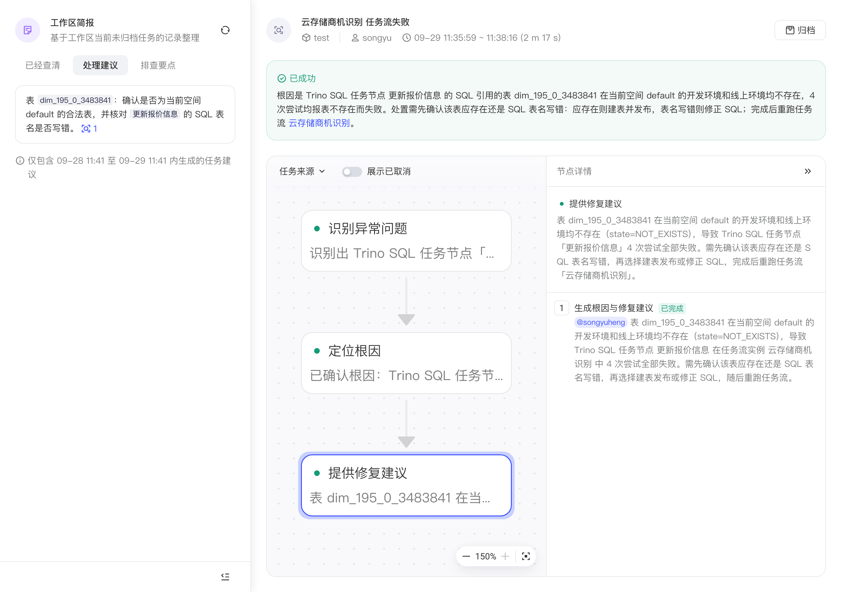排查任务页：左侧工作区简报切到「处理建议」，右侧是任务结论、排查图和节点详情