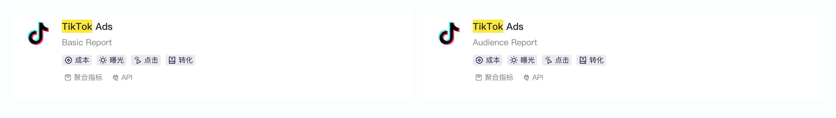 选择三方集成平台中 TikTok Ads 的 Basic Report 和 Audience Report 卡片