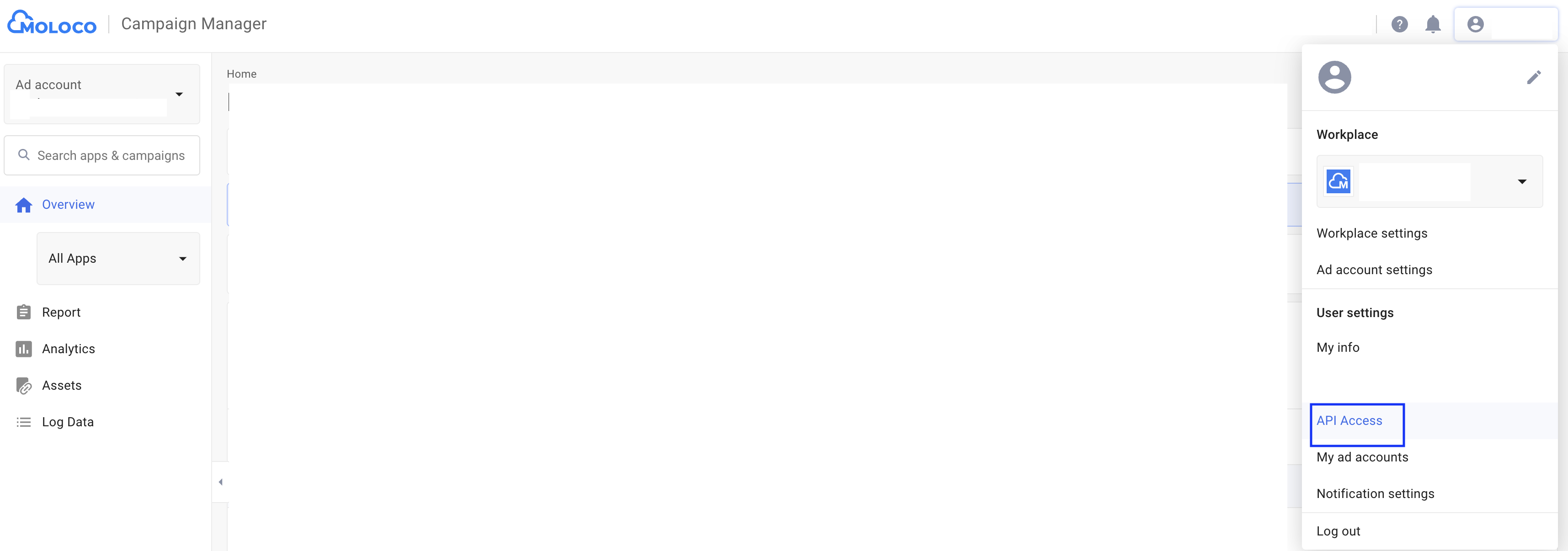Moloco 后台右上角用户菜单，框出 User settings 下的 API Access