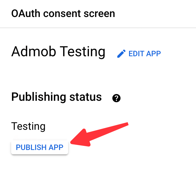 OAuth consent screen 页的 Publishing status 为 Testing，箭头指向 PUBLISH APP
