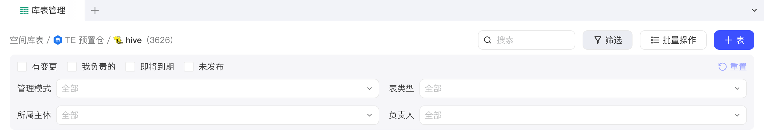 库表管理内容区点「筛选」展开的筛选面板：状态勾选项和管理模式、表类型、所属主体、负责人