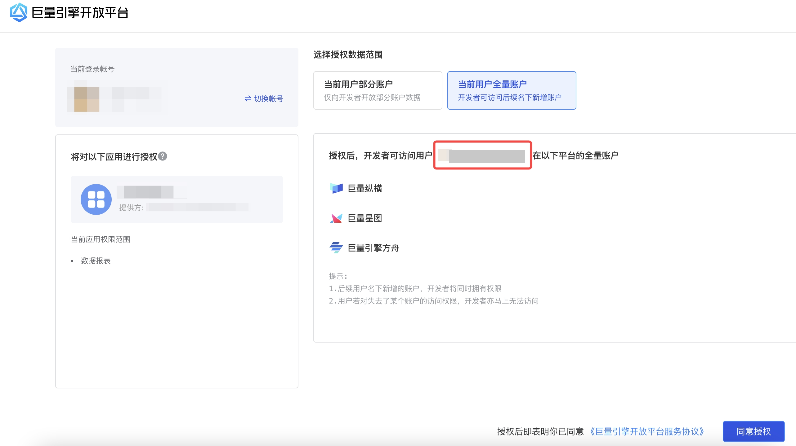 巨量引擎授权页，已选当前用户全量账户，框出将被授权的登录用户 ID